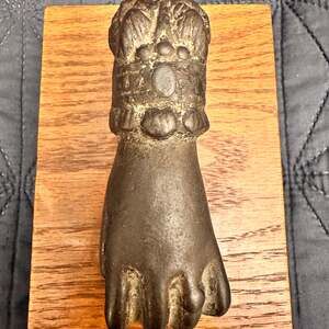 Antique Victorian Cast Iron Door Knocker Fatima Hand with Ball on Wood Mount